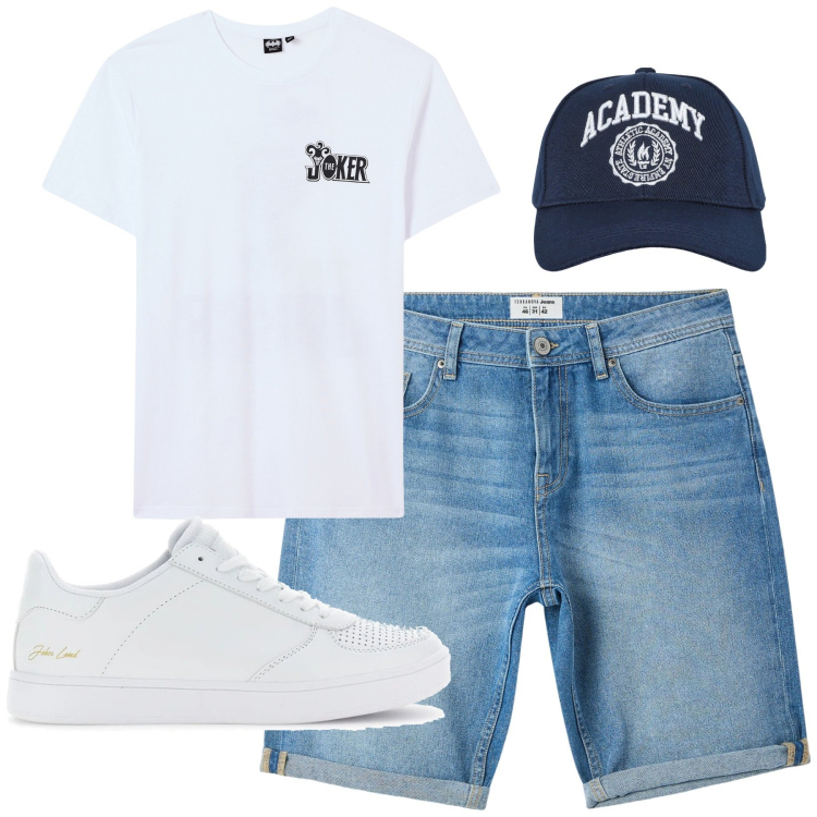 Outfit uomo - Total look #2223613. Stile Casual per Tutti i giorni. Abbinamento con t-shirt, cappelli con visiera, bermuda, sneakers.