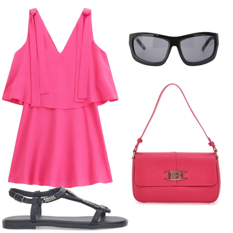 Outfit donna - Serata glam. Stile Glamour per Serata fuori. Abbinamento con vestiti corti, occhiali da sole, sandali gioiello, borse a spalla.