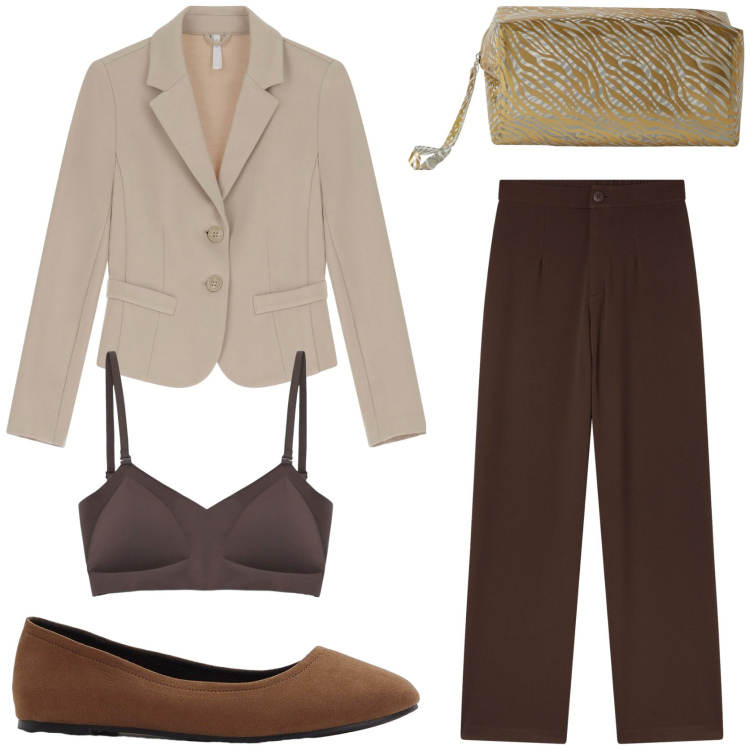 Outfit donna - Fresche sere d\'estate. Stile Chic per Serata fuori. Abbinamento con ballerine, reggiseni, pantaloni, pochette, blazer.
