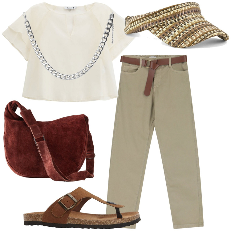 Outfit donna - Total look #2223625. Stile Casual per Tutti i giorni. Abbinamento con infradito, borse a mano, collane, pantaloni, maglieria, cappelli con visiera.