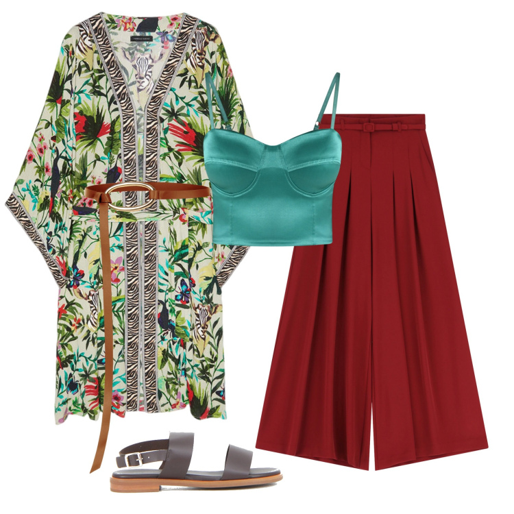 Outfit donna - Colored forest. Stile Casual chic per Serata fuori. Abbinamento con canottiere, cinture, pantaloni a palazzo, caftani, sandali.