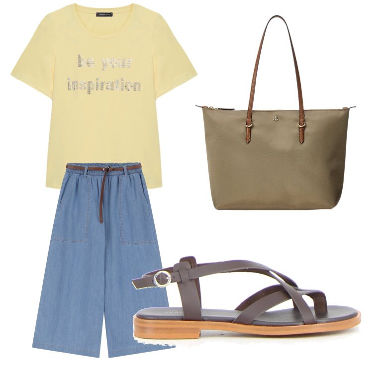 Outfit donna - Aperitivo. Stile Trendy per Tutti i giorni. Abbinamento con jeans, borse tote, t-shirt, sandali.