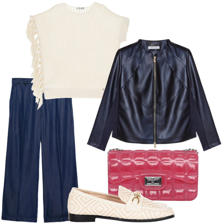 Outfit donna - L\'eleganza del biker. Stile Minimal per Serata fuori. Abbinamento con borse a tracolla, mocassini, maglieria, blazer, jeans.