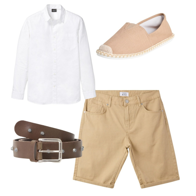 Outfit uomo - City. Stile Casual per Tutti i giorni. Abbinamento con camicie, espadrillas, bermuda, cinture.