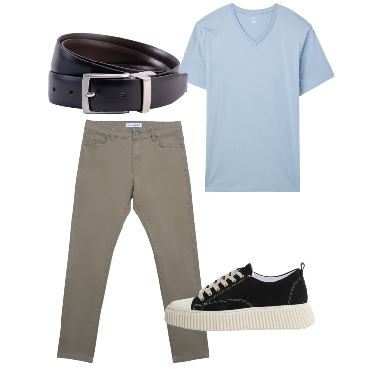 Outfit uomo - Agosto. Stile Casual per Tutti i giorni. Abbinamento con t-shirt, pantaloni skinny, sneakers, cinture.