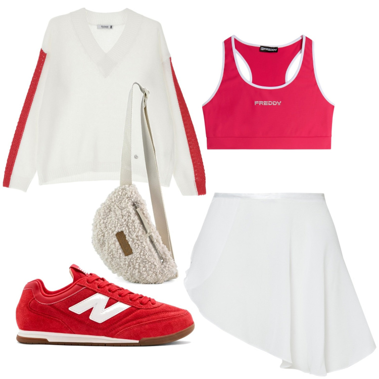 Outfit donna - Sporty chic. Stile Sporty chic per Sport. Abbinamento con sneakers, pullovers, minigonne, reggiseni, marsupi.