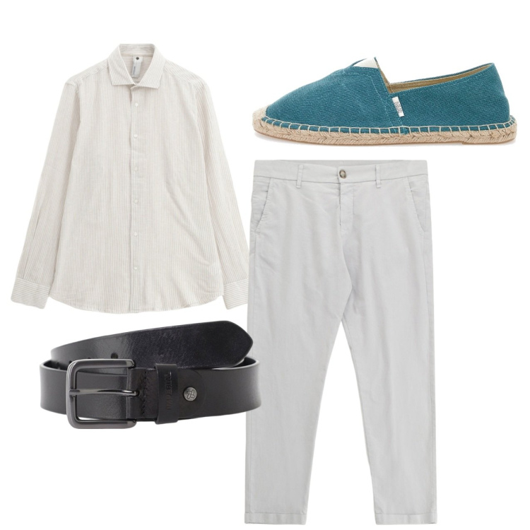 Outfit uomo - City. Stile Casual per Tutti i giorni. Abbinamento con cinture, camicie, pantaloni chino, espadrillas.