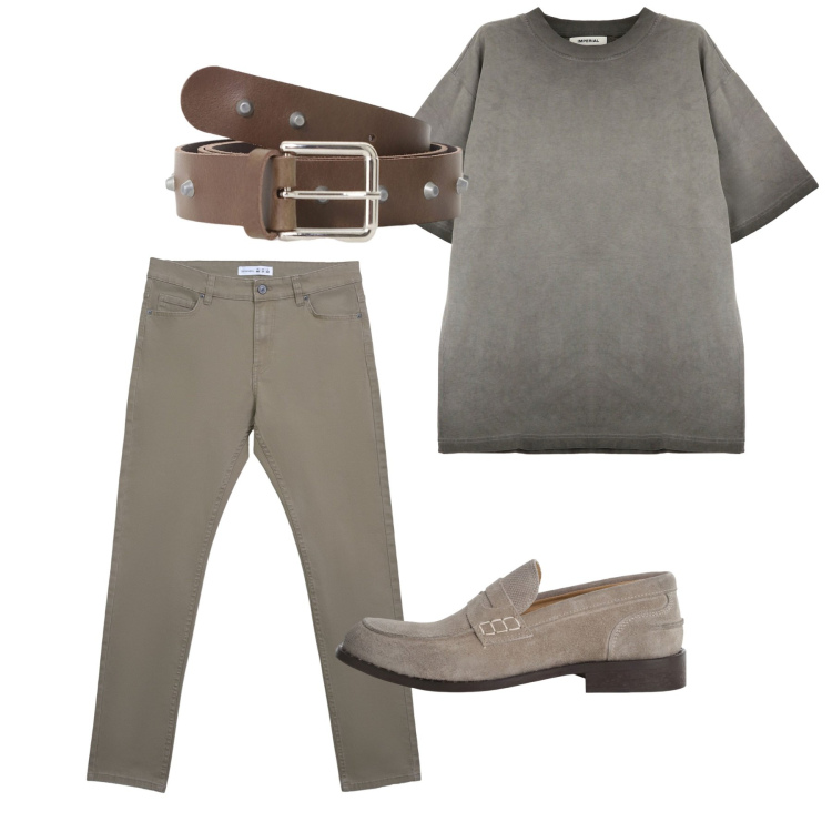 Outfit uomo - Agosto. Stile Casual per Tutti i giorni. Abbinamento con pantaloni skinny, t-shirt, cinture, scarpe stringate.