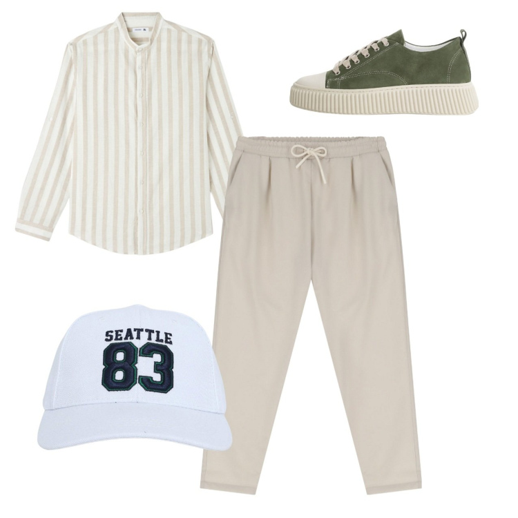 Outfit uomo - City. Stile Urban per Tutti i giorni. Abbinamento con camicie, cappelli, sneakers, pantaloni.