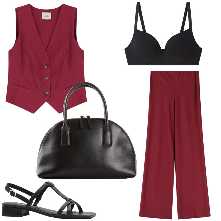 Outfit donna - Estate in borgogna. Stile Chic per Tutti i giorni. Abbinamento con shopping bag, sandali col tacco, reggiseni, pantaloni, gilet.