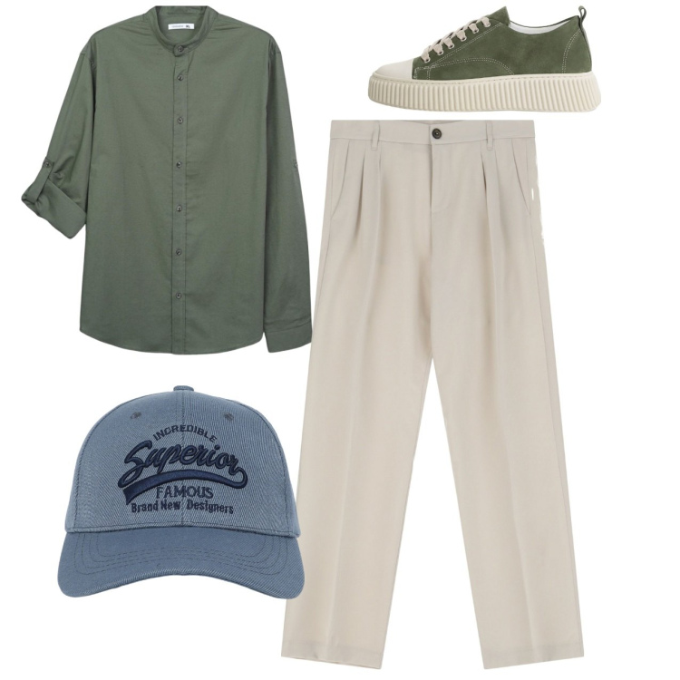 Outfit uomo - City. Stile Casual per Tutti i giorni. Abbinamento con cappelli con visiera, camicie, pantaloni, sneakers.
