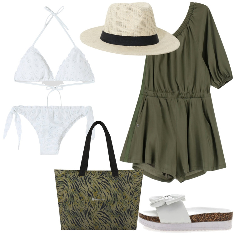 Outfit donna - Total look #2223654. Stile Casual per Mare. Abbinamento con bikini, bikini, tute, cappelli, shopping bag, ciabatte.