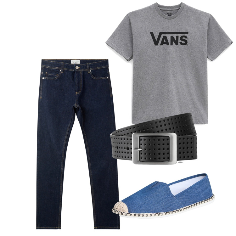 Outfit uomo - Agosto. Stile Casual per Tutti i giorni. Abbinamento con cinture, espadrillas, jeans skinny, t-shirt.