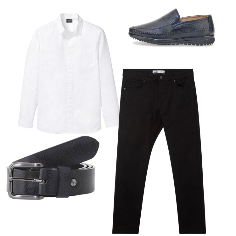 Outfit uomo - City. Stile Casual per Tutti i giorni. Abbinamento con camicie, pantaloni skinny, cinture, scarpe stringate.