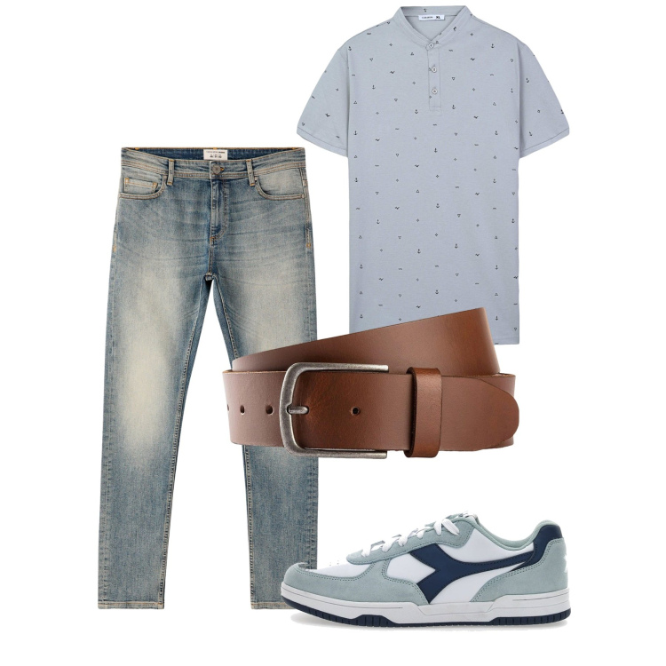 Outfit uomo - Agosto. Stile Casual per Tutti i giorni. Abbinamento con cinture, t-shirt, jeans skinny, sneakers.