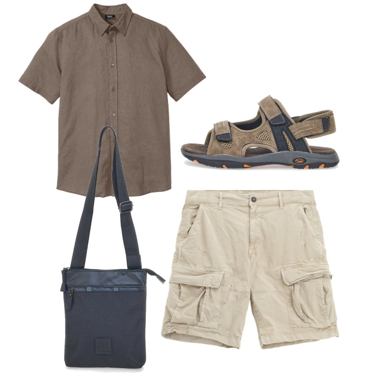 Outfit uomo - City. Stile Casual per Tutti i giorni. Abbinamento con camicie a manica corta, bermuda, portafogli, sandali.