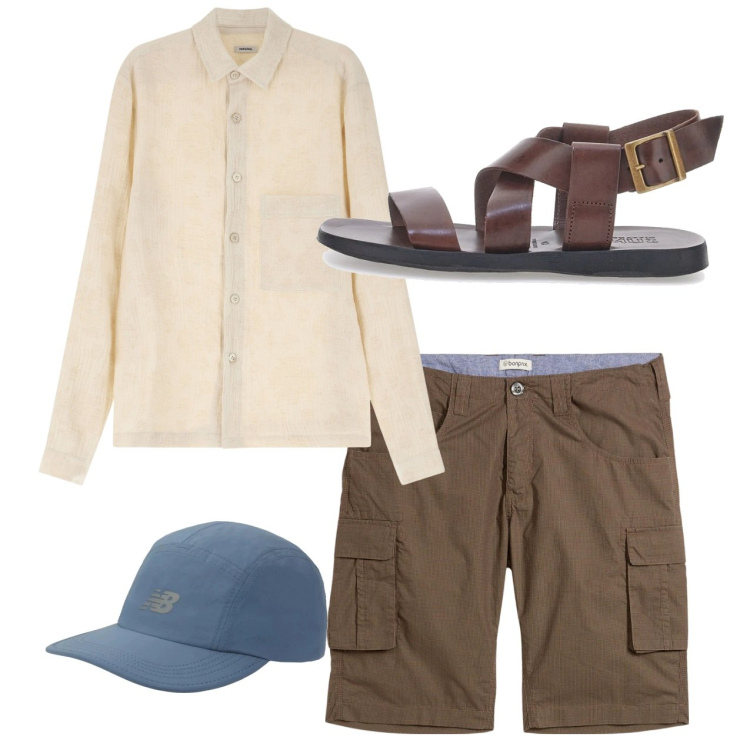 Outfit uomo - City. Stile Casual per Tutti i giorni. Abbinamento con bermuda, cappelli con visiera, camicie, sandali.