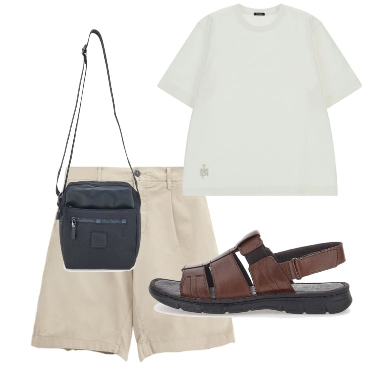 Outfit uomo - Agosto. Stile Casual per Tutti i giorni. Abbinamento con bermuda, t-shirt, portafogli, sandali.