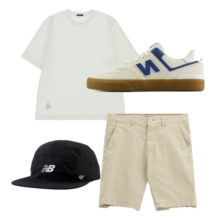 Outfit uomo - City. Stile Casual per Tutti i giorni. Abbinamento con cappelli con visiera, sneakers, t-shirt, bermuda.