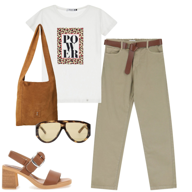 Outfit donna - Agosto. Stile Casual chic per Tutti i giorni. Abbinamento con t-shirt, pantaloni, occhiali da sole, borse a tracolla, sandali col tacco.