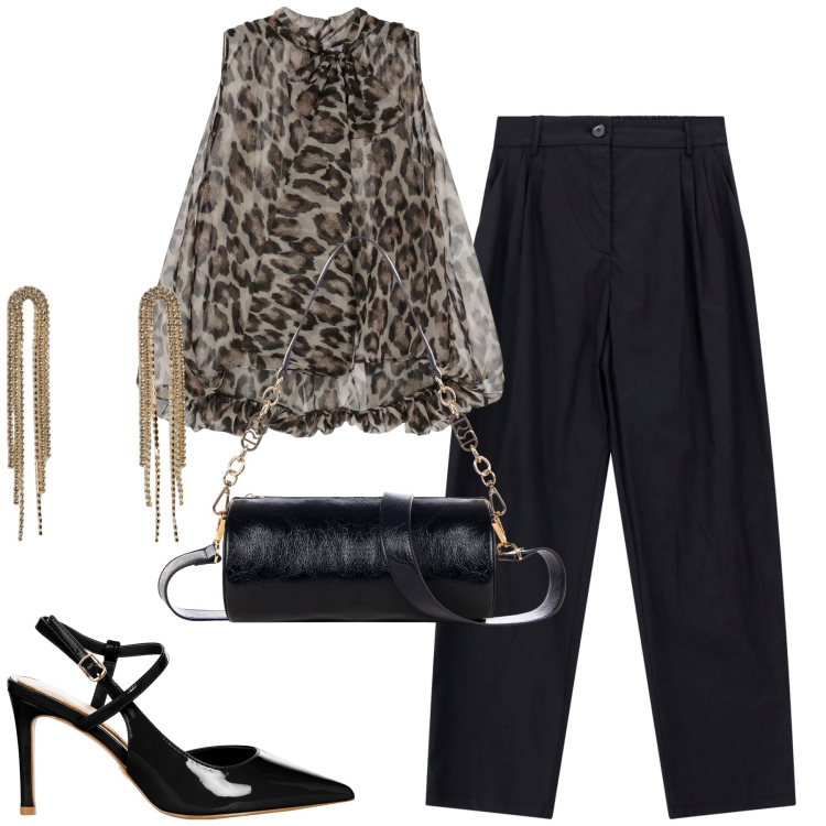Outfit donna - Serata fuori. Stile Chic per Serata fuori. Abbinamento con orecchini, borse a mano, décolleté, camicie, pantaloni.