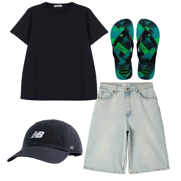 Outfit uomo - City. Stile Casual per Tutti i giorni. Abbinamento con bermuda, cappelli con visiera, t-shirt, sandali.