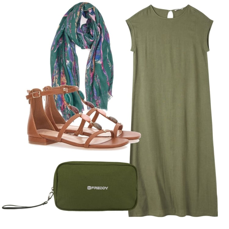 Outfit donna - Green. Stile Bon Ton per Tutti i giorni. Abbinamento con vestiti lunghi, valigie, sandali gioiello, foulard.