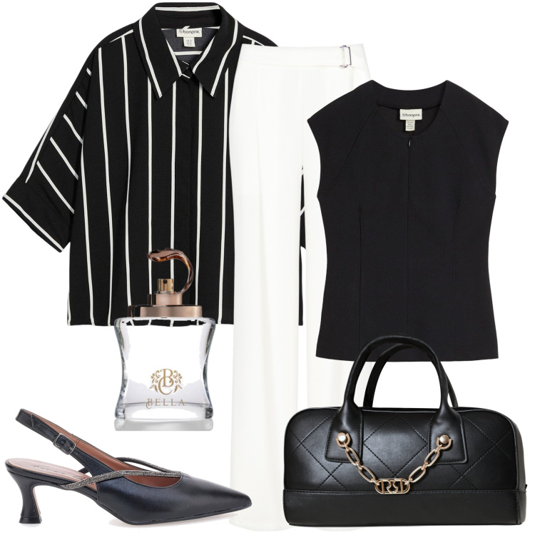 Outfit donna - In ufficio. Stile Casual per Ufficio. Abbinamento con camicie a manica corta, top, profumi, borse a mano, pantaloni, décolleté.