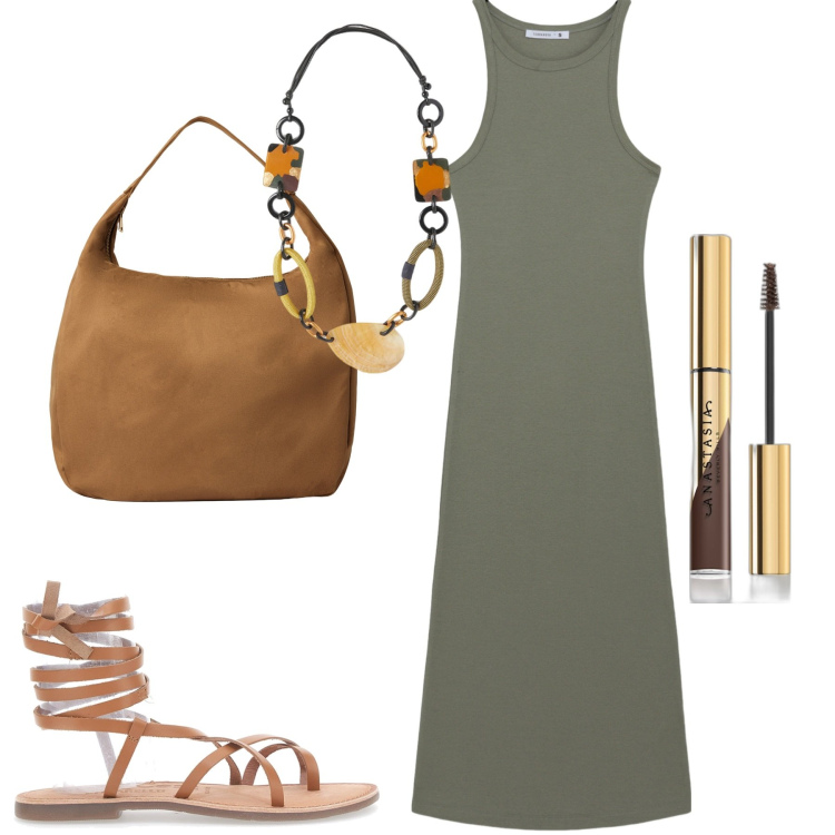 Outfit donna - Total look #2223743. Stile Casual chic per Tutti i giorni. Abbinamento con mascara, vestiti lunghi, borse a mano, sandali alla schiava, collane.