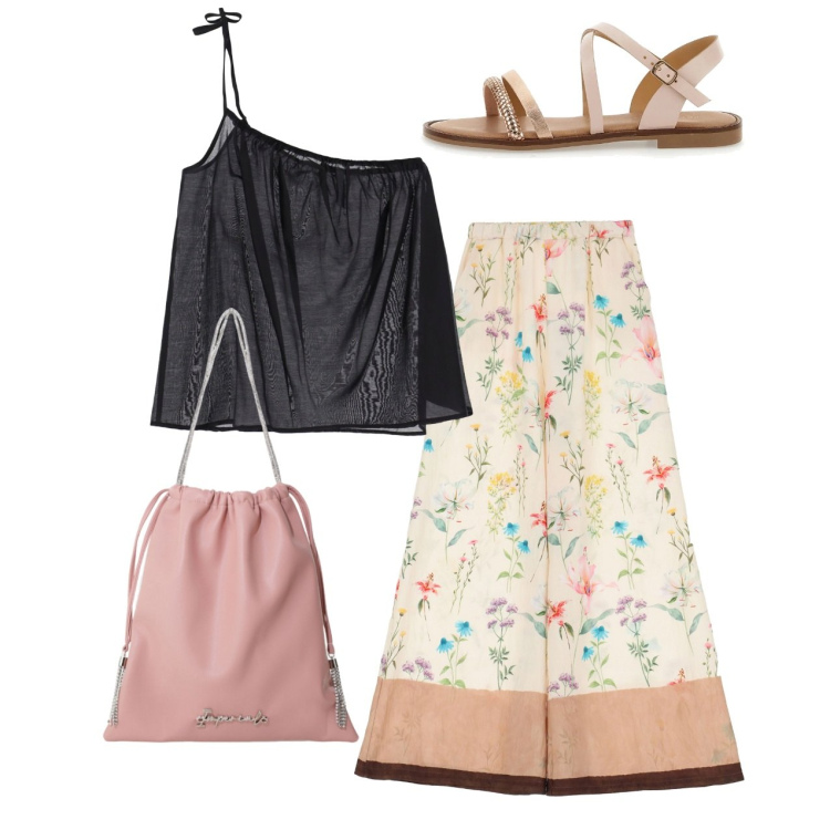Outfit donna - City. Stile Romantica per Tutti i giorni. Abbinamento con borse a secchiello, pantaloni, top, sandali.
