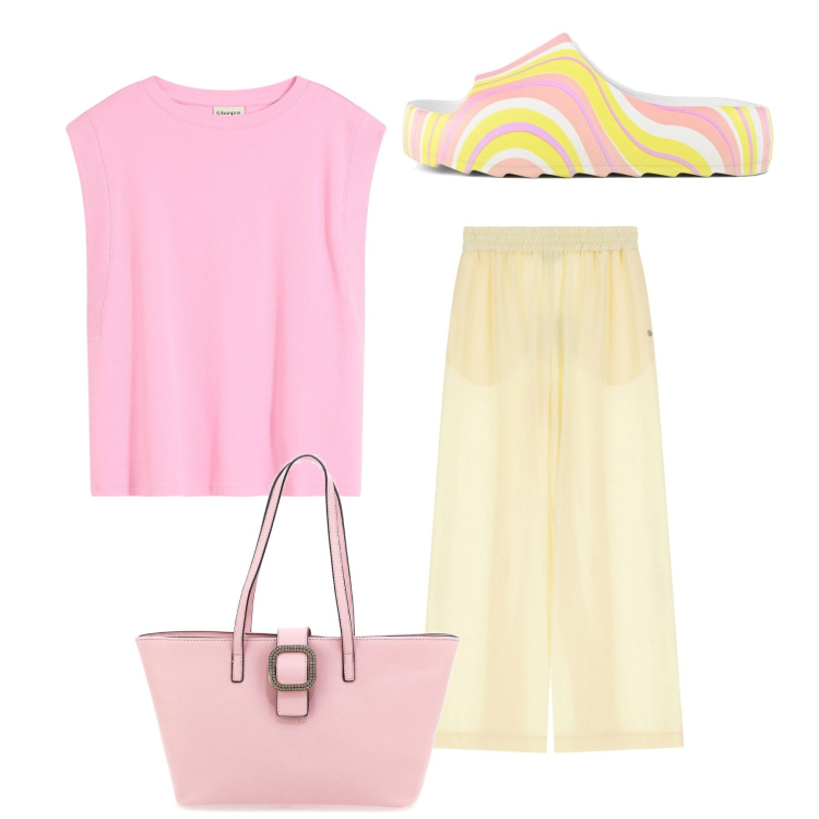 Outfit donna - Rosa e giallo. Stile Chic per Tutti i giorni. Abbinamento con top, pantaloni, ciabatte, borse a spalla.