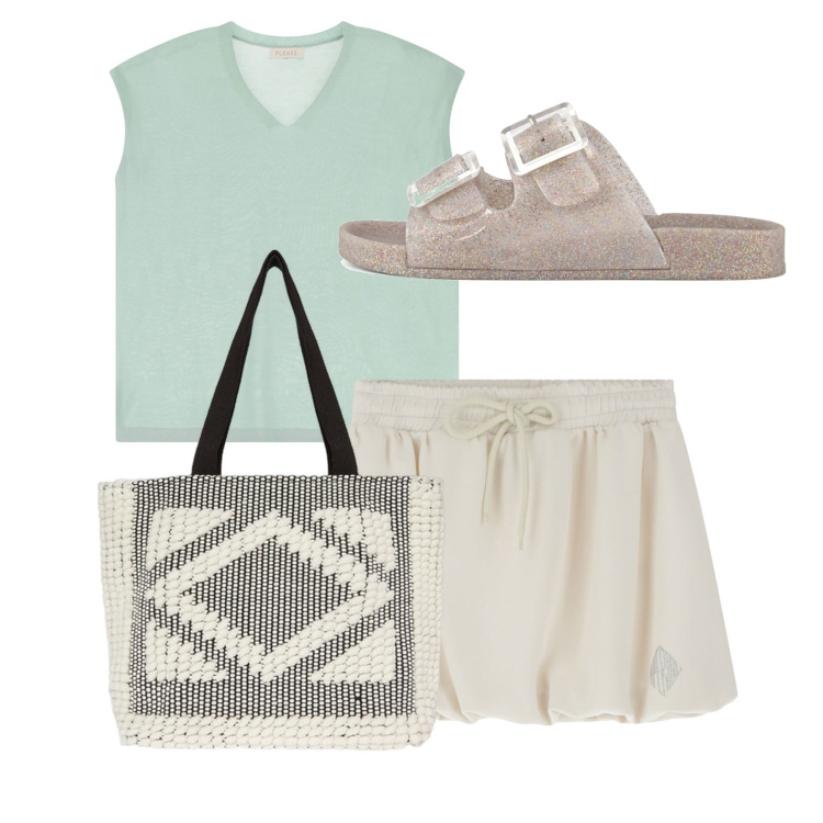 Outfit donna - City. Stile Bon Ton per Tutti i giorni. Abbinamento con top, minigonne, sandali, shopping bag.