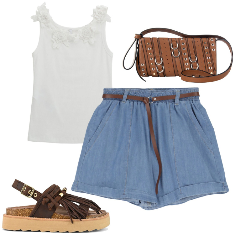 Outfit donna - Casual chic. Stile Casual chic per Tutti i giorni. Abbinamento con borse a spalla, shorts, top, sandali.
