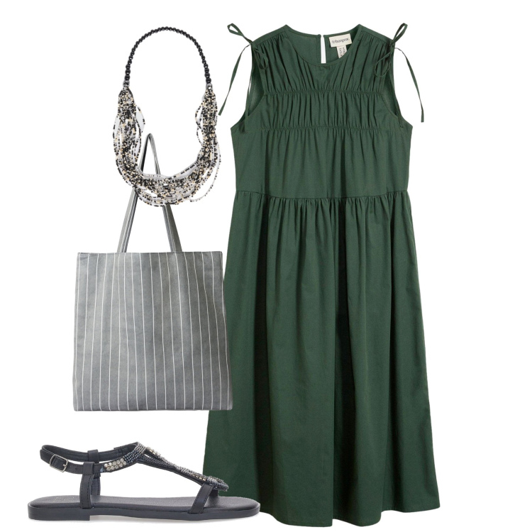 Outfit donna - Total look. Stile Bon Ton per Tutti i giorni. Abbinamento con vestiti, shopping bag, sandali gioiello, collane.