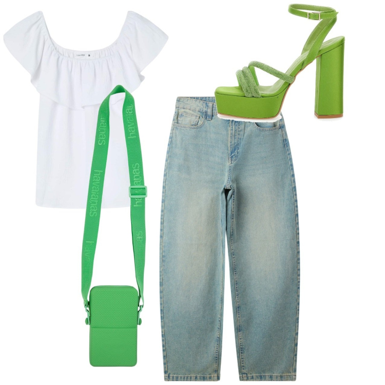 Outfit donna - Total look. Stile Casual chic per Tutti i giorni. Abbinamento con jeans, bluse, sandali col tacco, borse a tracolla.