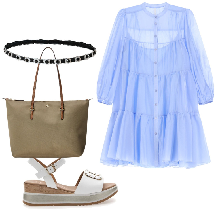 Outfit donna - Total look. Stile Bon Ton per Tutti i giorni. Abbinamento con cinture, vestiti corti, borse tote, sandali.