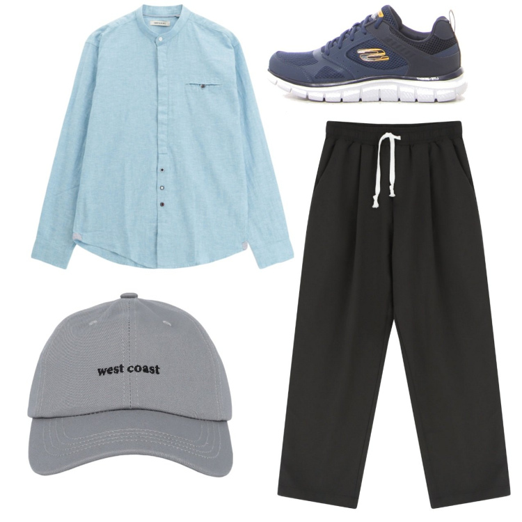 Outfit uomo - Total look. Stile Casual per Tutti i giorni. Abbinamento con cappelli con visiera, pantaloni, camicie, sneakers.