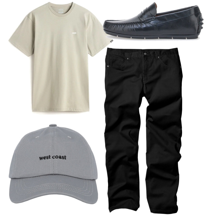 Outfit uomo - Total look. Stile Casual per Tutti i giorni. Abbinamento con pantaloni, cappelli con visiera, t-shirt, scarpe stringate.