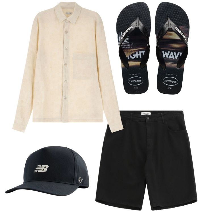 Outfit uomo - Total look. Stile Casual per Tutti i giorni. Abbinamento con cappelli con visiera, camicie, bermuda, sandali.