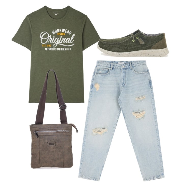 Outfit uomo - Total look. Stile Casual per Tutti i giorni. Abbinamento con t-shirt, jeans strappati, portafogli, scarpe stringate.