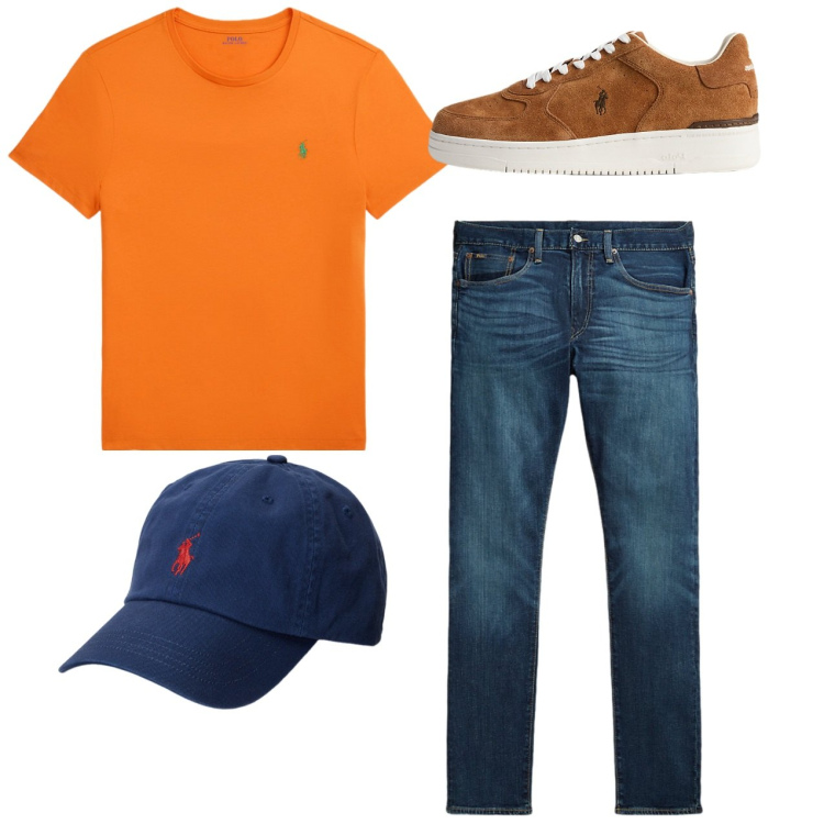 Outfit uomo - Total look. Stile Casual per Tutti i giorni. Abbinamento con cappelli, t-shirt, jeans, sneakers.