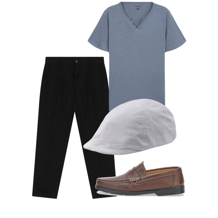 Outfit uomo - Agosto. Stile Casual per Tutti i giorni. Abbinamento con t-shirt, pantaloni chino, cappelli con visiera, scarpe stringate.