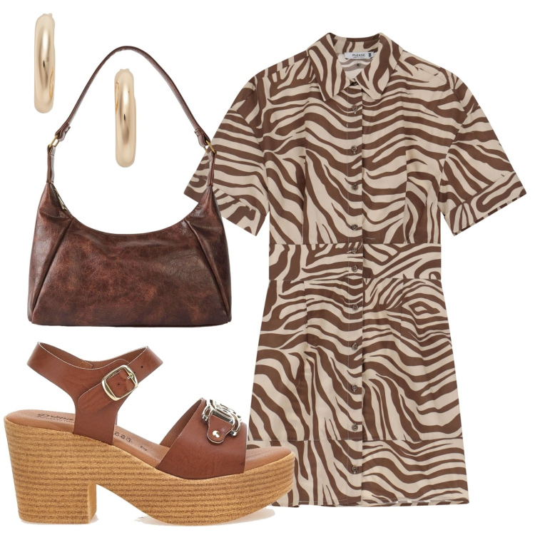 Outfit donna - Savana. Stile Etnico per Tutti i giorni. Abbinamento con borse a mano, vestiti corti, orecchini, sandali col tacco.