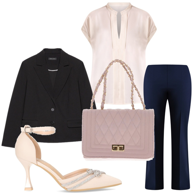 Outfit donna - Elegante. Stile Glamour per Serata fuori. Abbinamento con bluse, pantaloni a palazzo, blazer, borse a tracolla, décolleté.