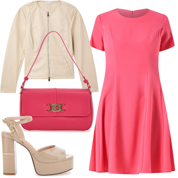 Outfit donna - Romantica in rosa. Stile Glamour per Ufficio. Abbinamento con blazer, vestiti corti, sandali col tacco, borse a spalla.
