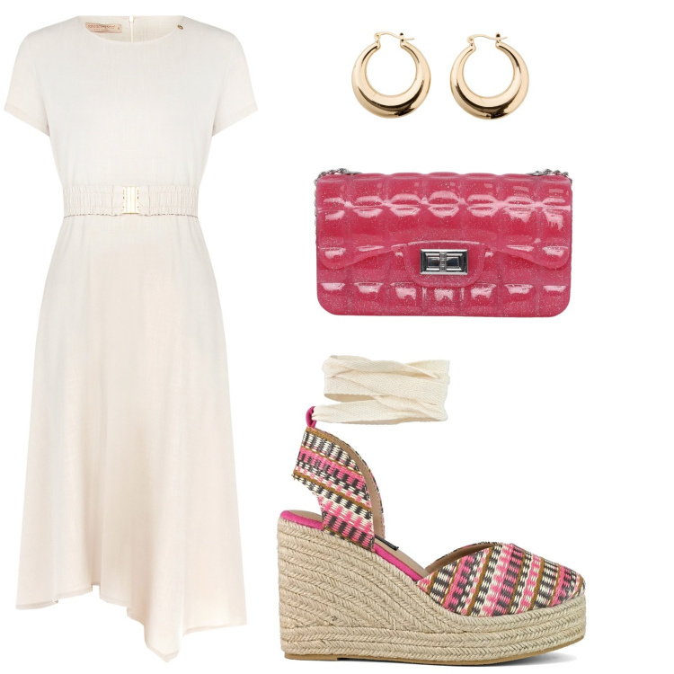 Outfit donna - stile daily chic. Stile Chic per Tutti i giorni. Abbinamento con orecchini, borse a tracolla, vestiti, zeppe.