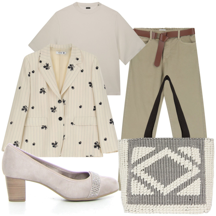 Outfit donna - Il blazer fantasia. Stile Bon Ton per Tutti i giorni. Abbinamento con blazer, pantaloni, décolleté, shopping bag, t-shirt.