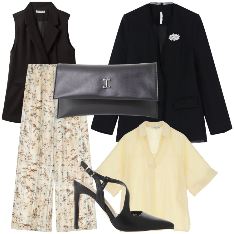 Outfit donna - Serata blazer gilè. Stile Glamour per Serata fuori. Abbinamento con gilet, camicie a manica corta, décolleté, blazer, pantaloni a palazzo, pochette.