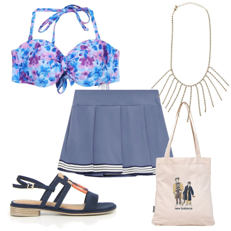 Outfit donna - Total look #2223809. Stile Trendy per Mare. Abbinamento con bikini, collane, shopping bag, minigonne, sandali.