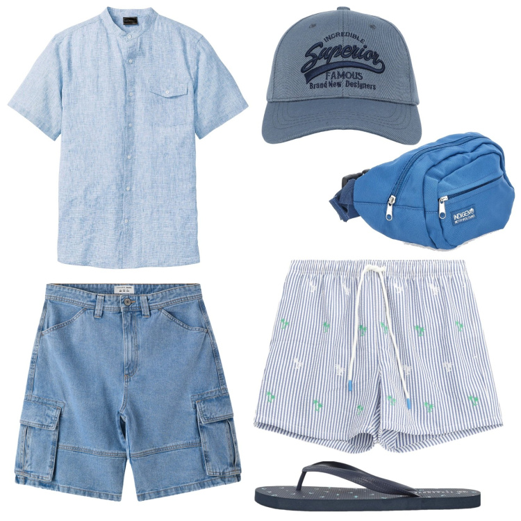 Outfit uomo - Minimal chic for man. Stile Casual per Mare. Abbinamento con camicie a manica corta, cappelli con visiera, sandali, bermuda, costumi, borse sportive.